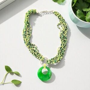 Vintage Green Beaded Necklace with Green Acrylic Pendant